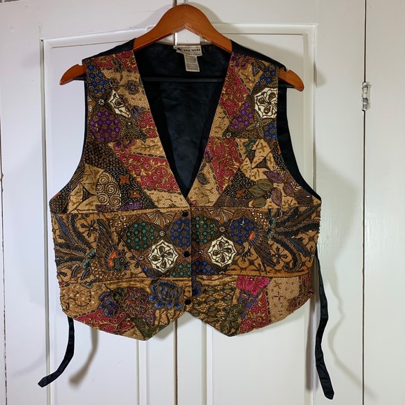 Vintage Ana Mori Beaded Patchwork Vest Top All Size Boho Retro Brown Fall Vibe - Picture 1 of 10